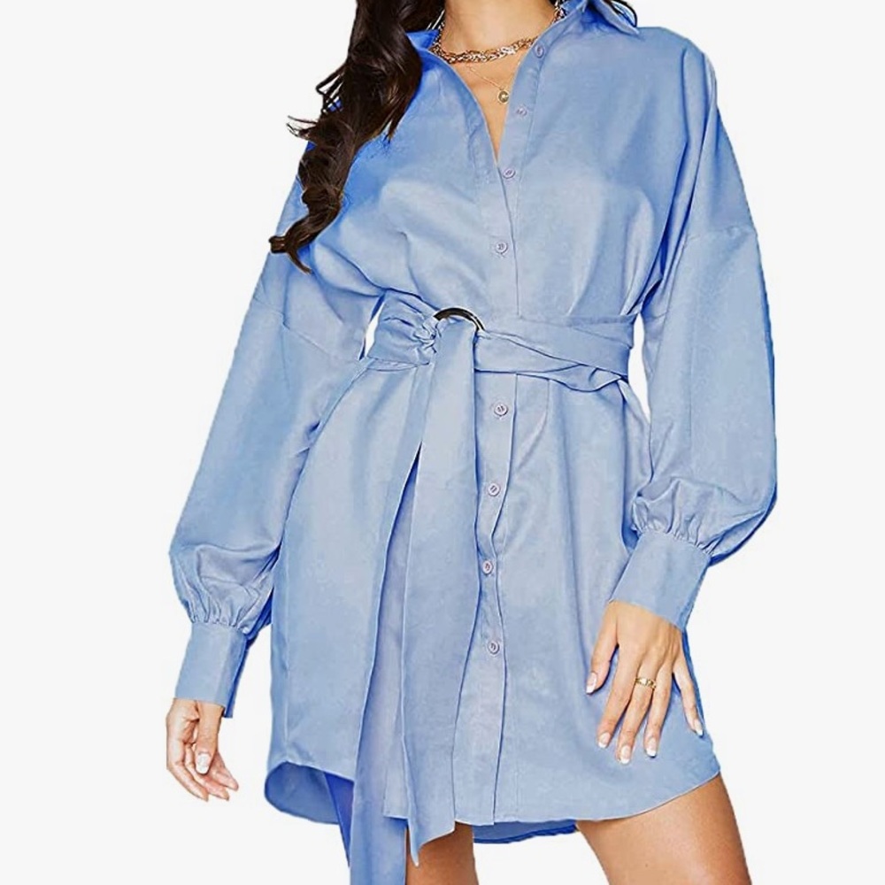 Women's Button Down Shirt Dress Long Sleeve Drawstring Business Blouse Dresses